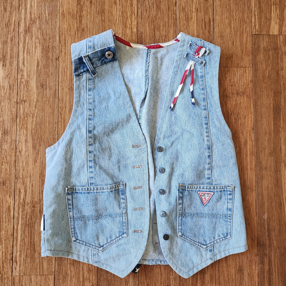 Guess Light Blue Denim Vest with Red and White Details